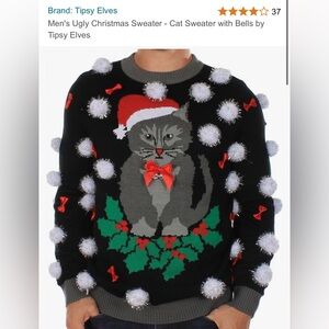 Tipsy Elves Cat Sweater with Bells Ugly Christmas Sweater Men’s Large.